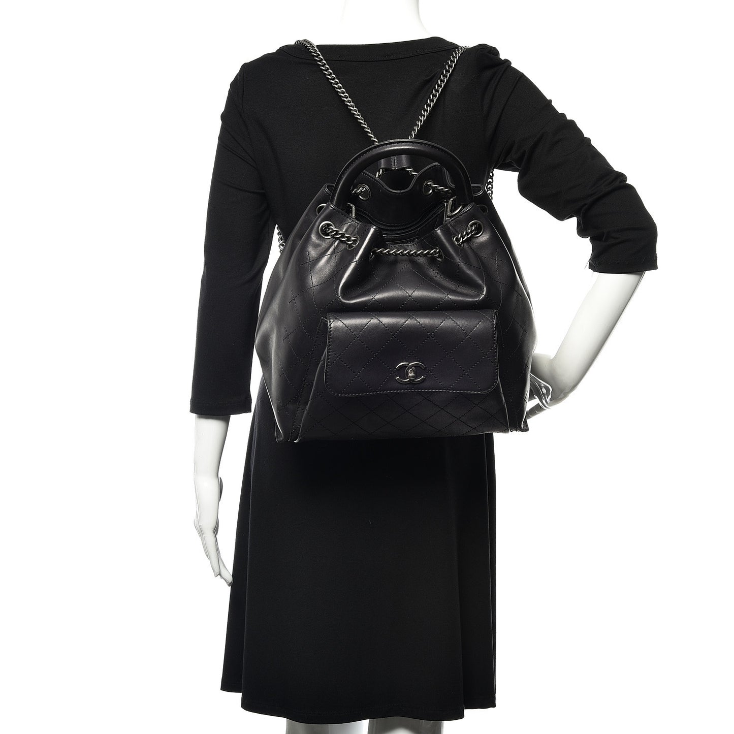 Calfskin Stitched Large Urban Luxury Drawstring Backpack Black