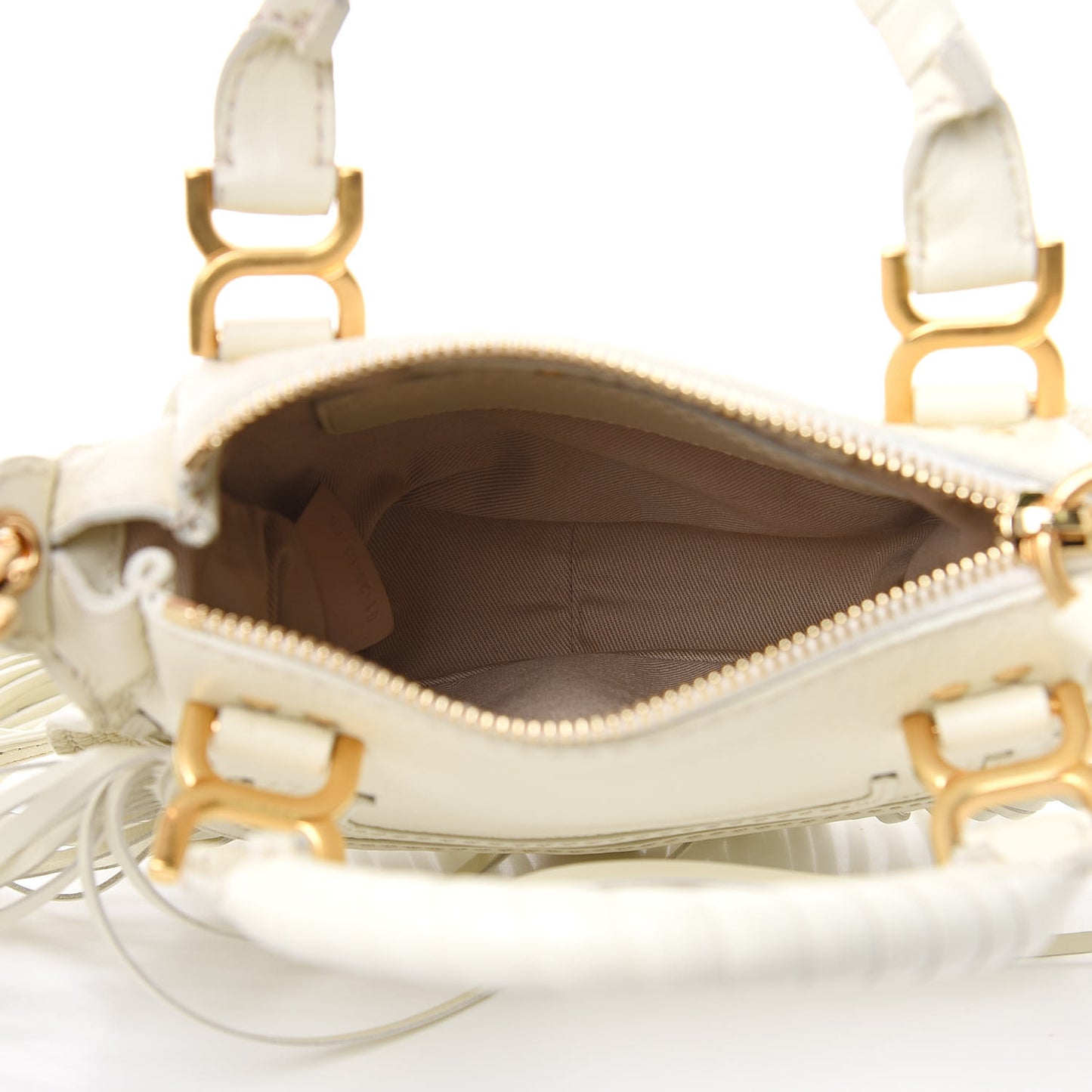 Shiny Small Grain Calfskin Mini Marcie Multi Fringe Satchel Natural White