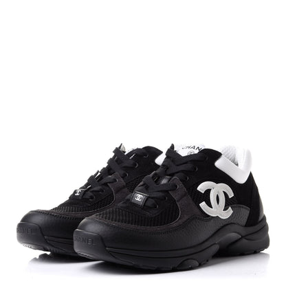 Chanel Mesh Suede Grained Calfskin Womens CC Sneakers 38 Black White 3 of 10