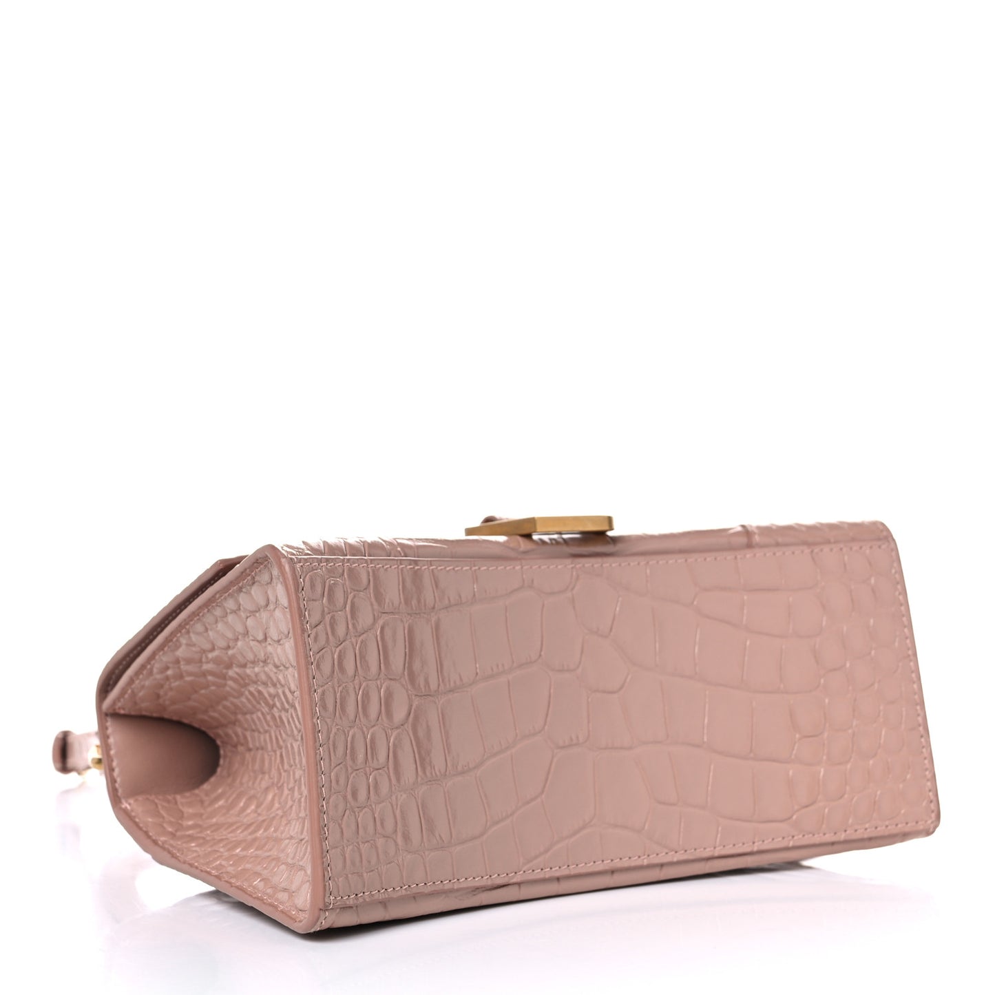 Shiny Calfskin Crocodile Embossed Small Hourglass Top Handle Bag Nude Beige