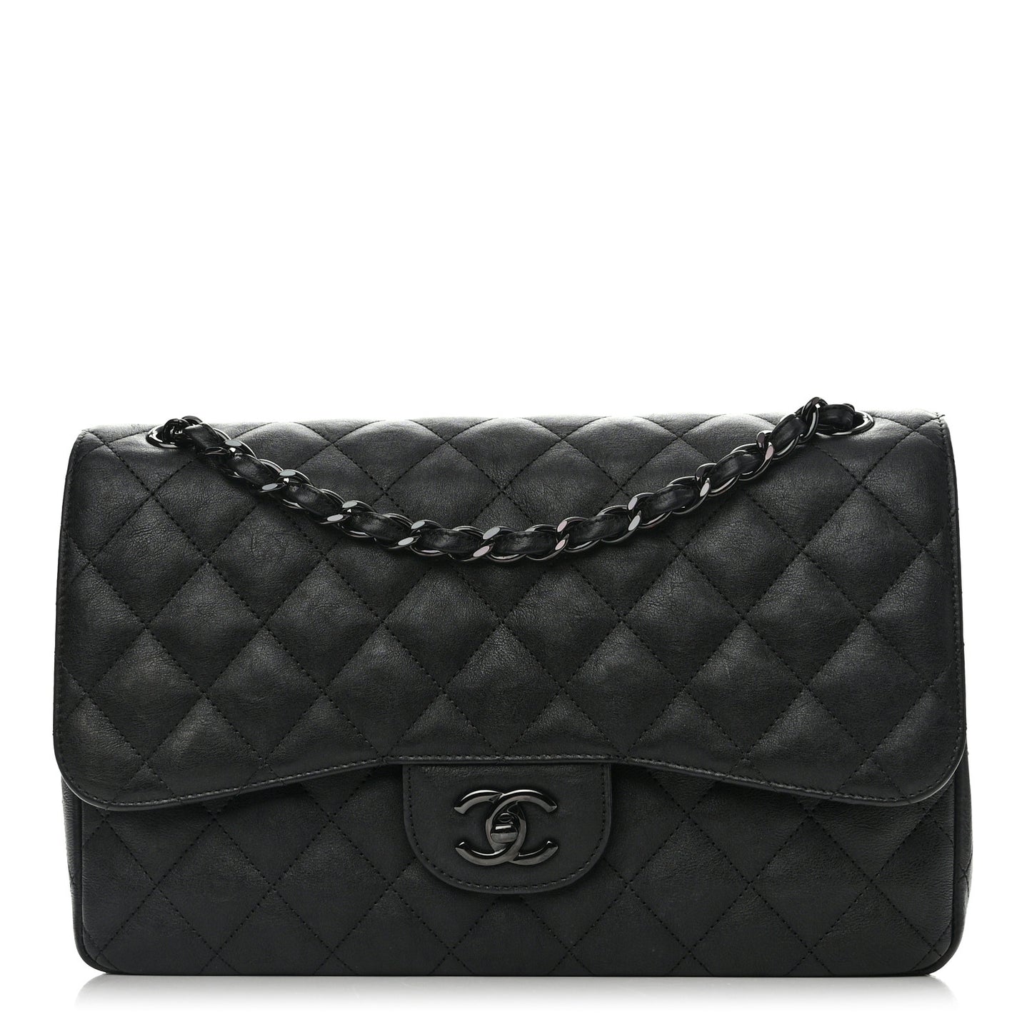 Crumpled Calfskin Quilted Jumbo Double Flap So Black