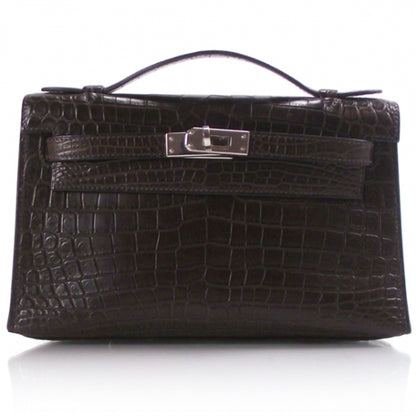 Hermes Crocodile Kelly Pochette Clutch Brown 1 of 8