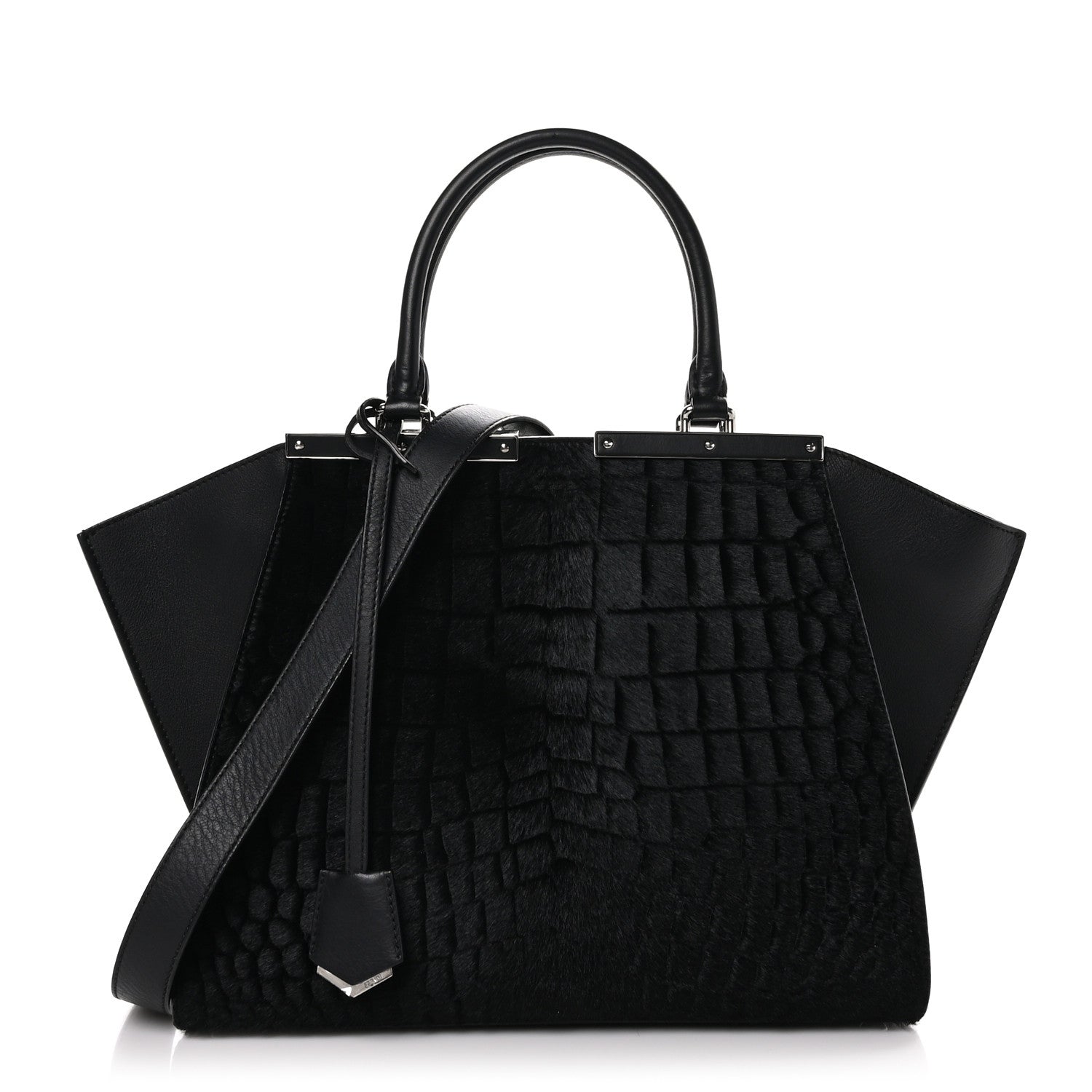 Fendi Vitello Pelo Flamingo Crocodile Embossed Petite 3Jours Tote Black 1 of 9