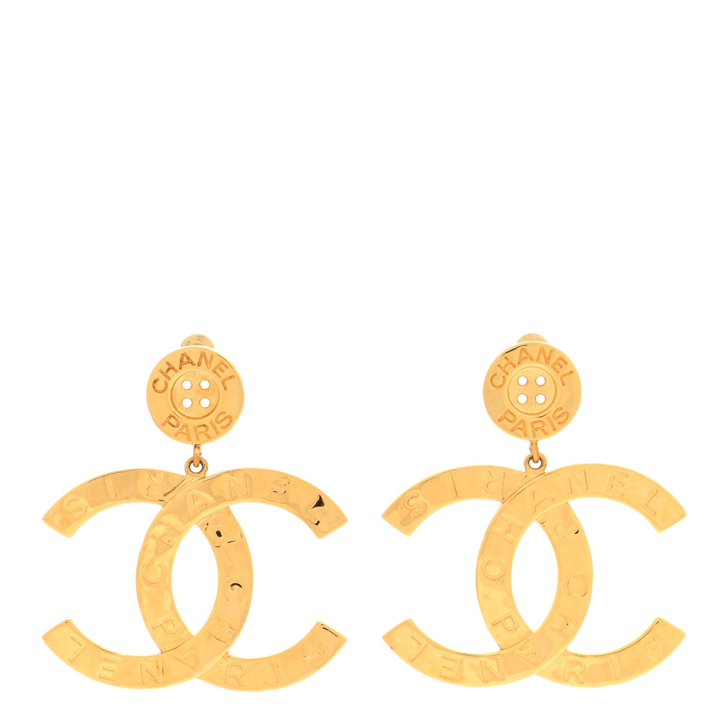 Chanel Metal Large Paris Button Earrings Gold 1 of 5