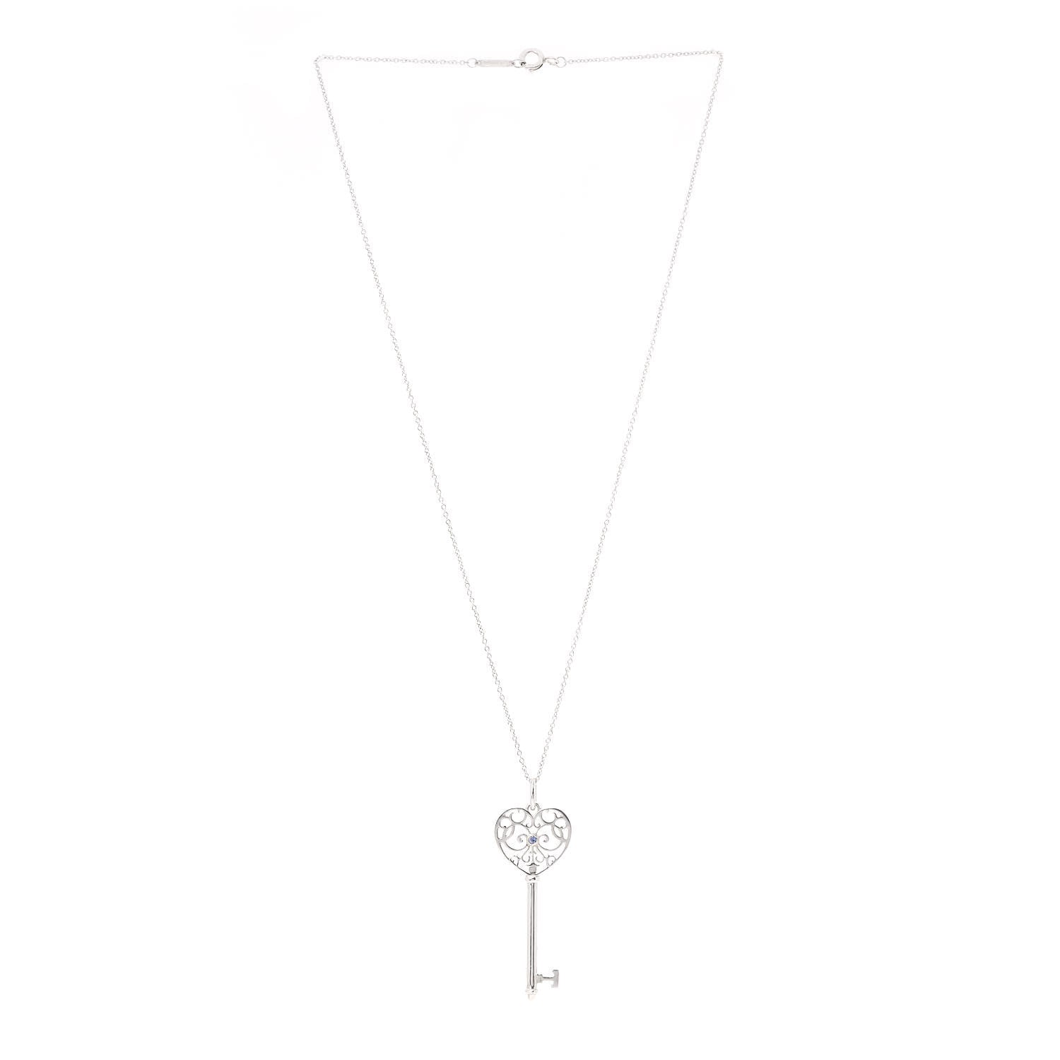 Tiffany Sterling Silver Blue Sapphire Enchant Heart Key Pendant Necklace 3 of 7