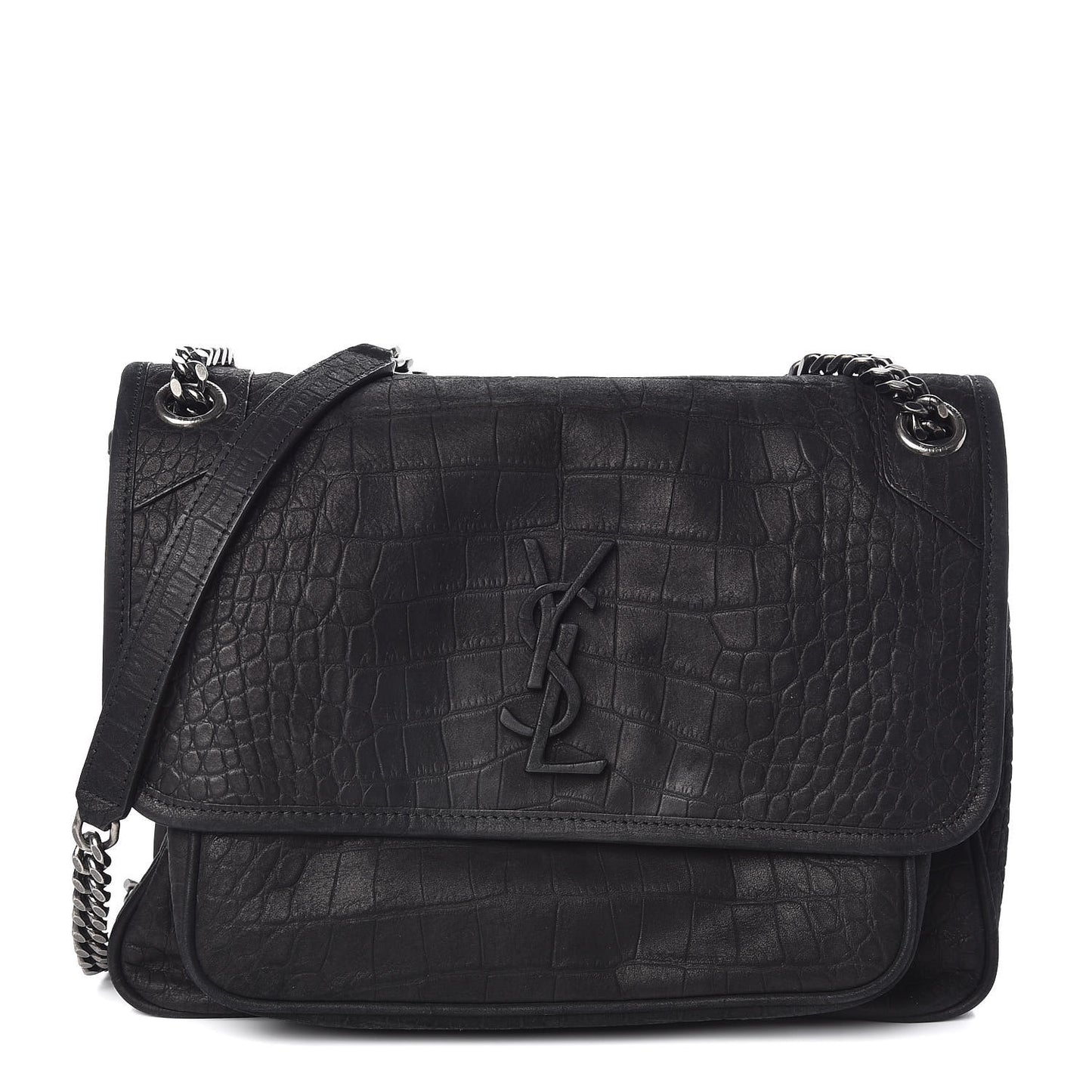Nubuck Crocodile Embossed Monogram Medium Niki Chain Satchel Black