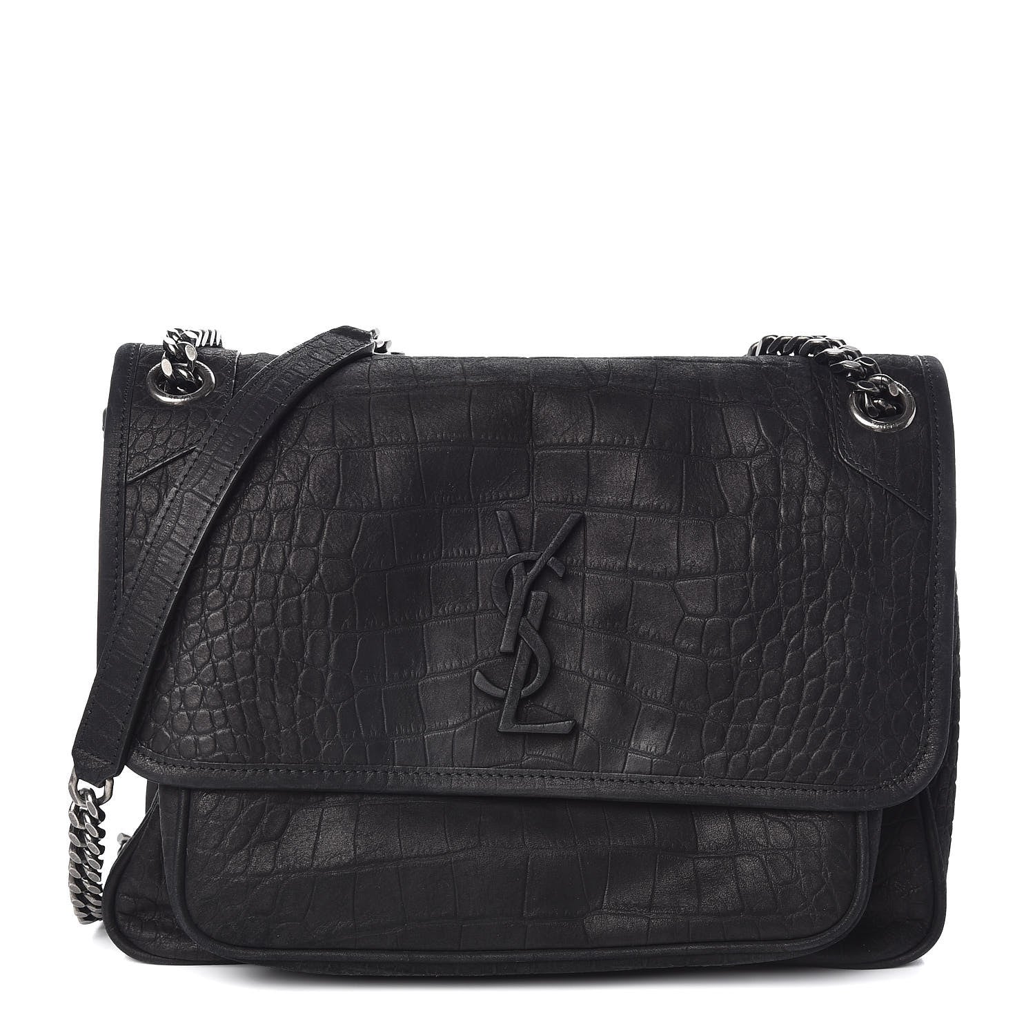 Saint Laurent Nubuck Crocodile Embossed Monogram Medium Niki Chain Satchel Black 1 of 10