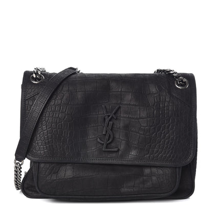 Saint Laurent Nubuck Crocodile Embossed Monogram Medium Niki Chain Satchel Black 1 of 10