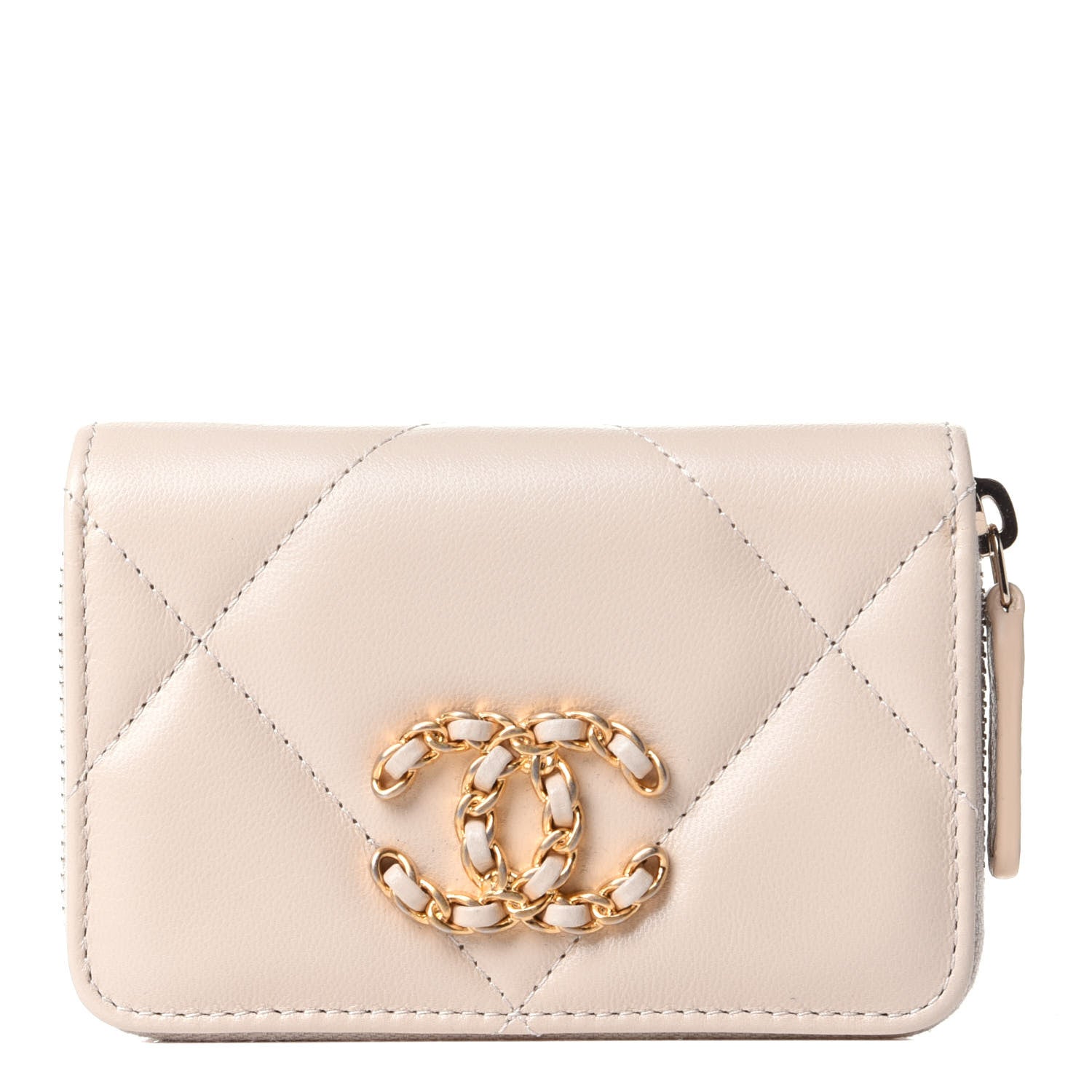 Chanel Lambskin Quilted Chanel 19 Zip Around Coin Purse Wallet Beige 1 of 3