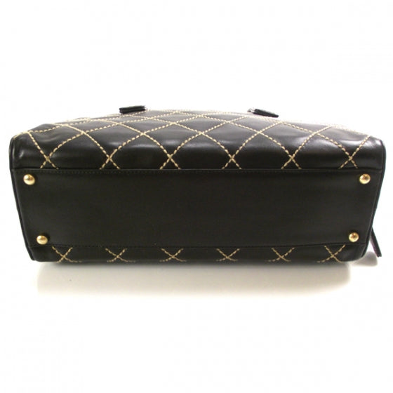 Leather Diamond Stitch Surpique Handbag Black