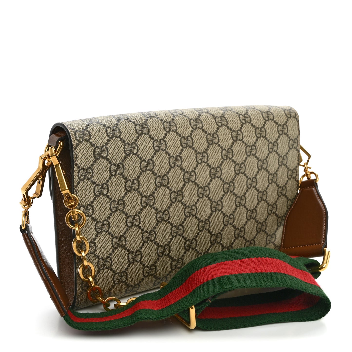GG Supreme Monogram Azalea Calfskin Web Small Horsebit 1955 Crossbody Bag Beige Ebony Brown Sugar