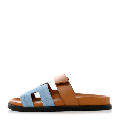 Hermes Denim Calfskin Womens Chypre Sandals 36 Bleu Clair Naturel 1 of 9
