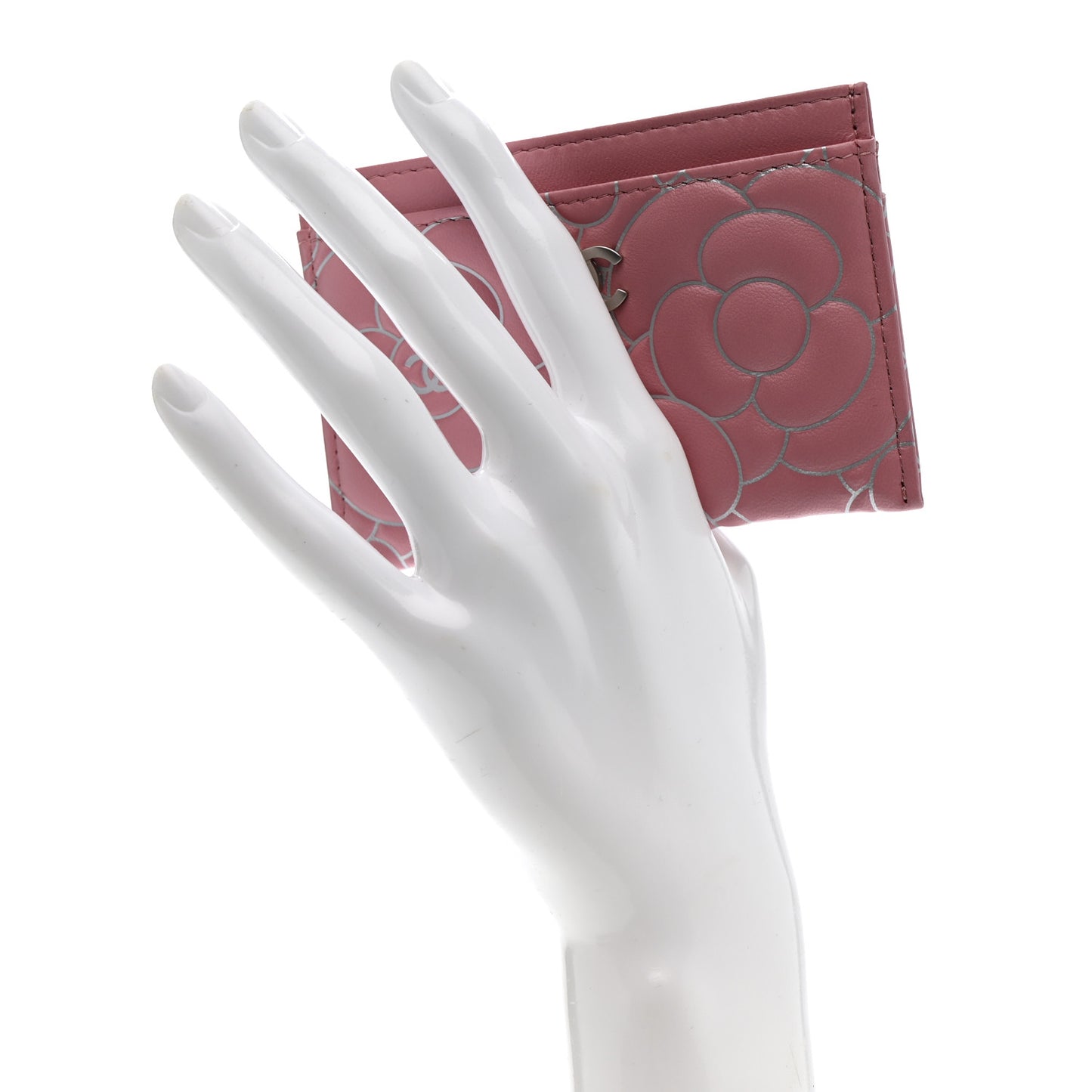Lambskin Camellia Embossed Card Holder Pink Silver