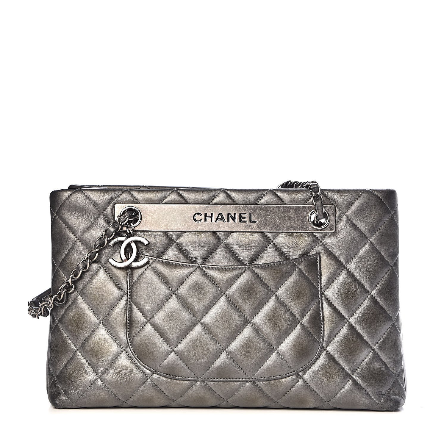 Metallic Lambskin Quilted Small Trendy CC Shopping Tote Grey