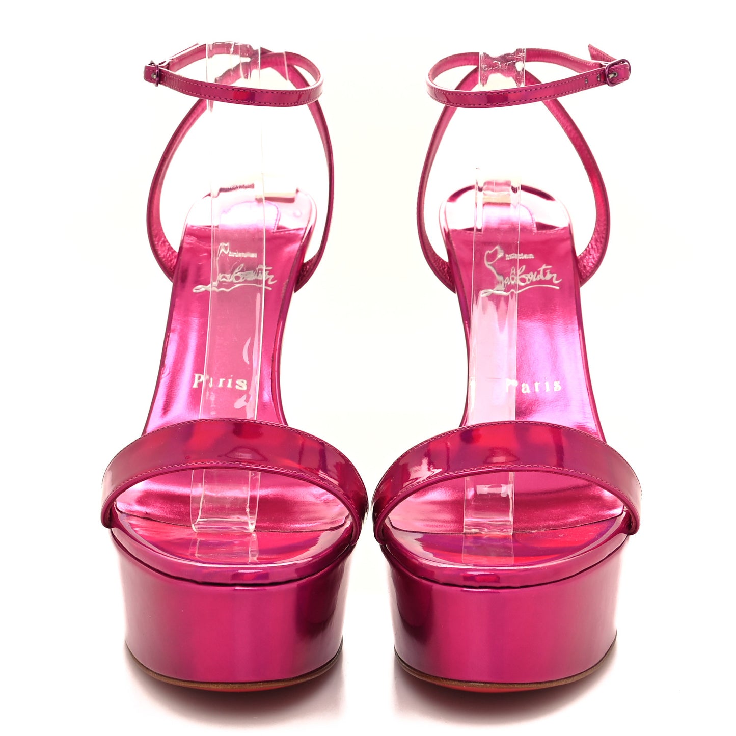 Patent Psychic Loubi Queen Alta 150 Platform Sandals 40 Fuxia