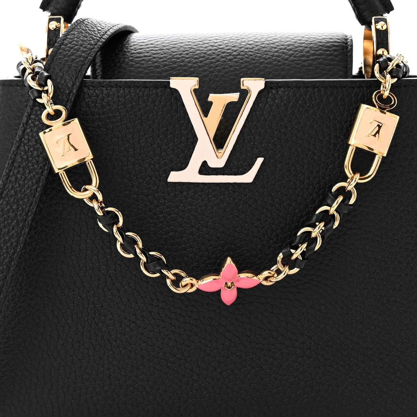 Taurillon Enamel Flower Padlock Chain Capucines BB Black