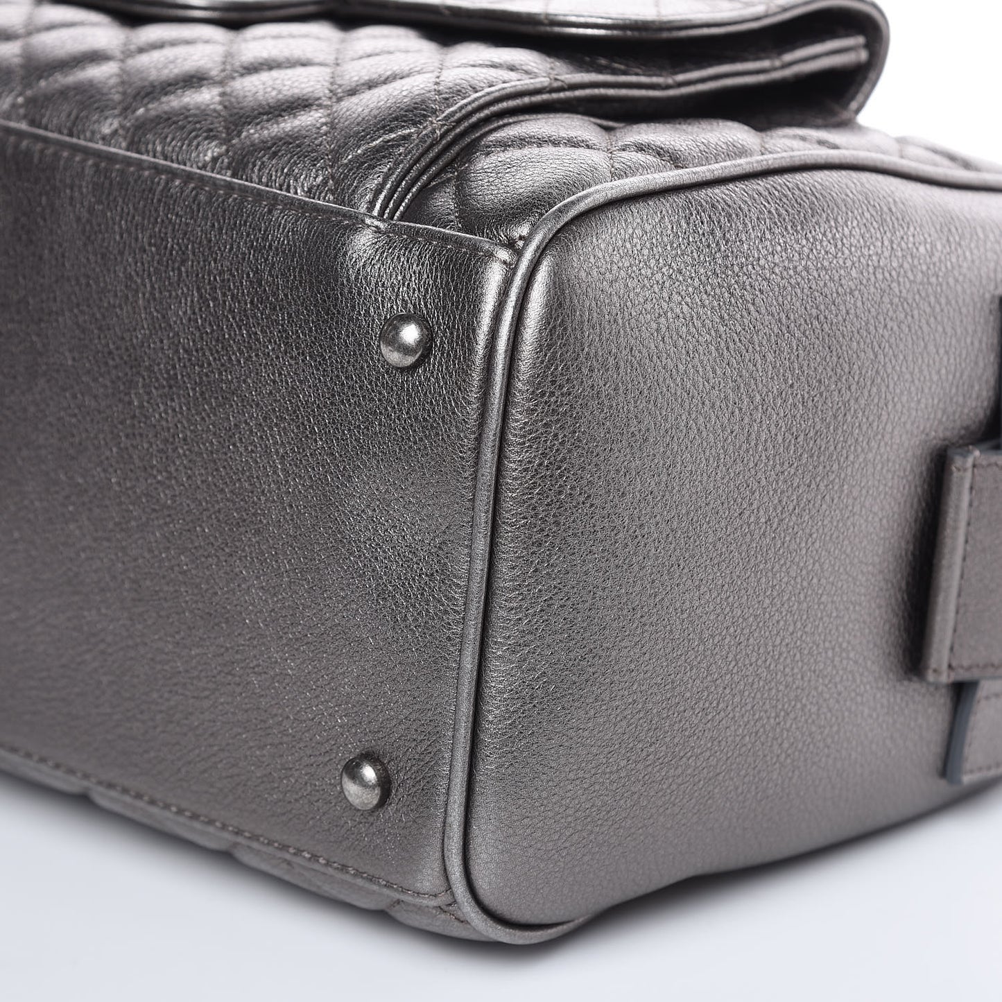 Metallic Grained Calfskin Quilted Large Casual Pocket Bowling Bag Silver