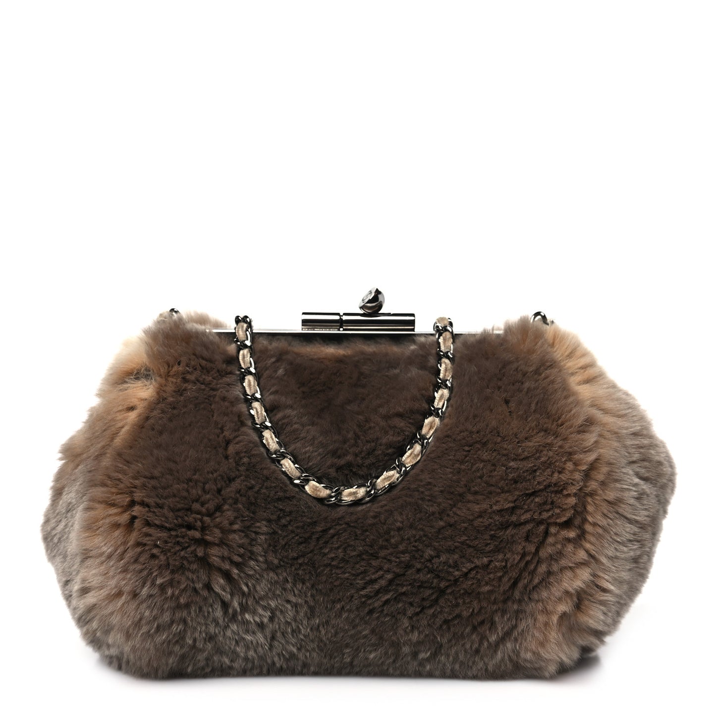 Rabbit Fur Kiss Lock Chain Clutch Brown