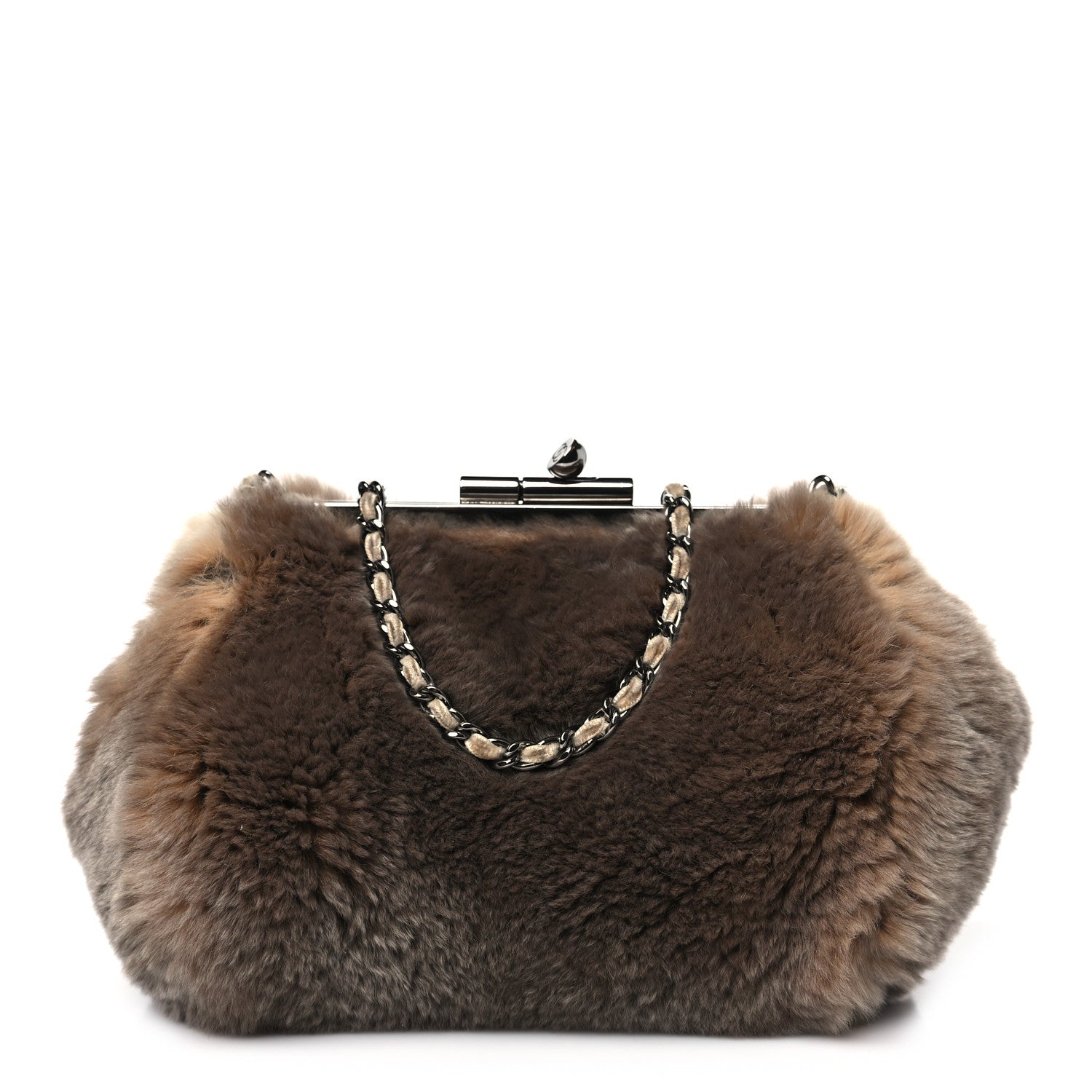 Chanel Rabbit Fur Kiss Lock Chain Clutch Brown 1 of 10