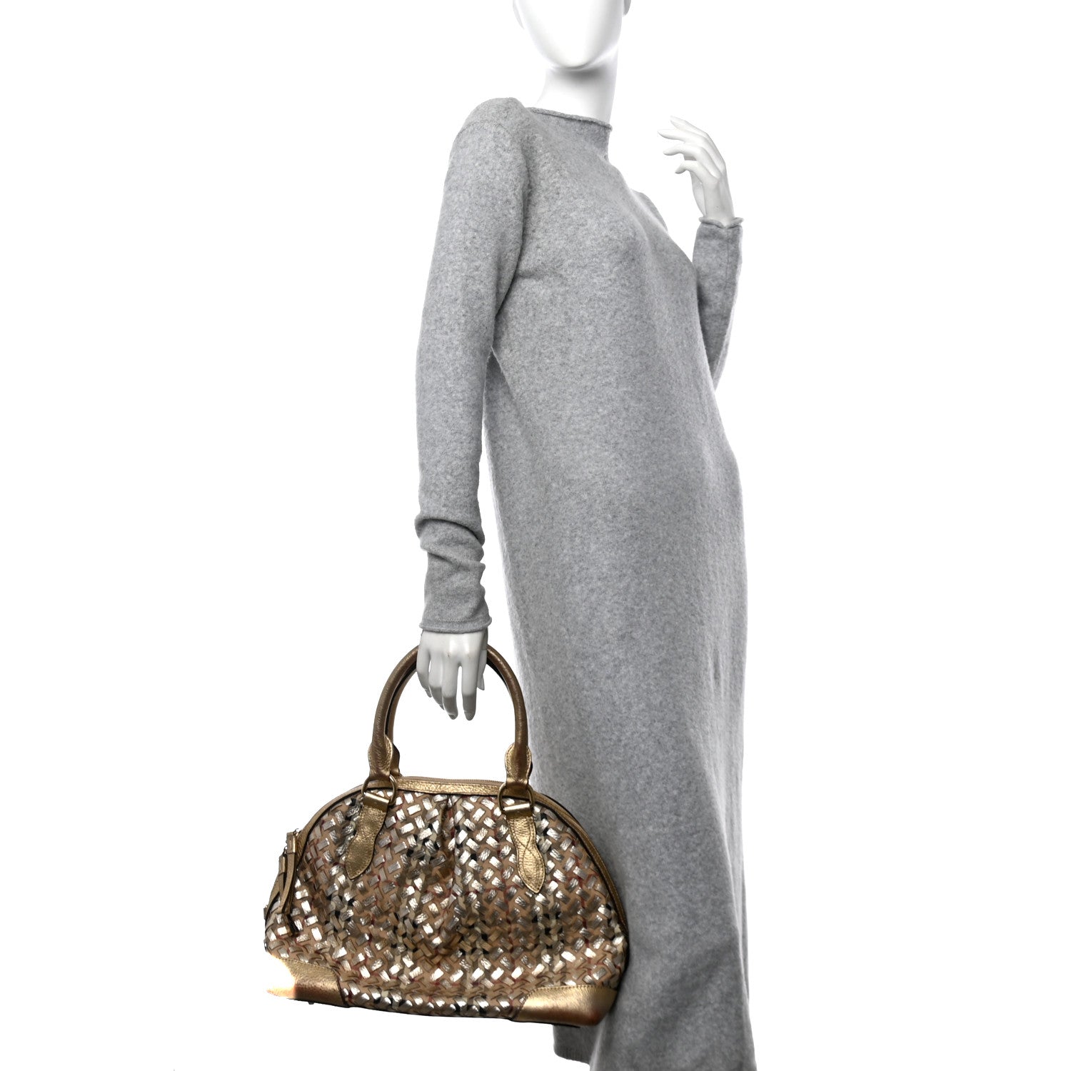 Burberry Metallic Woven Haymarket Check Thornley Satchel Gold 2 of 13