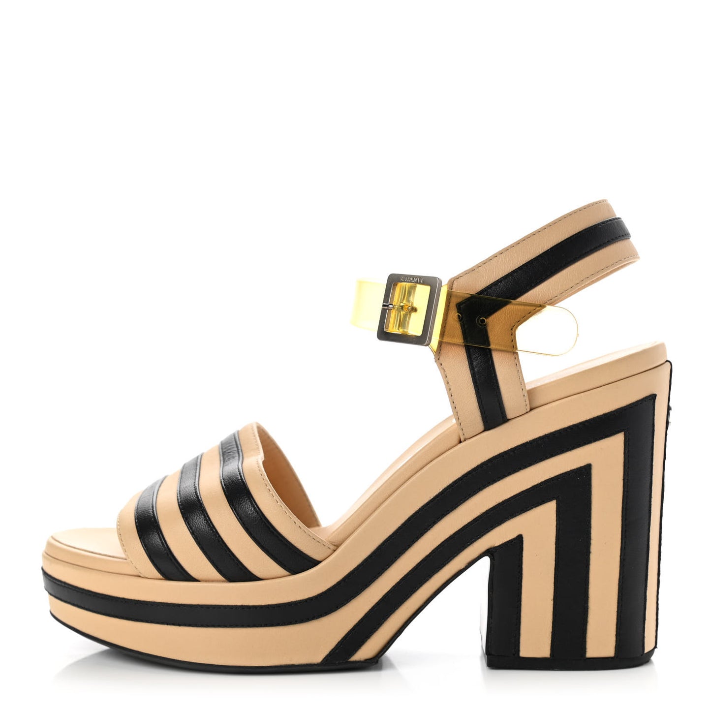 Lambskin Striped Wedge Sandals 37 Beige Black