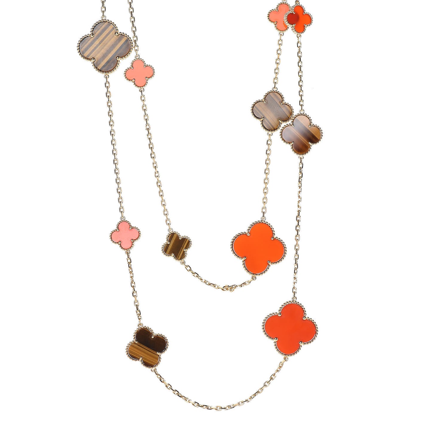 18K Gold Tiger Eye Carnelian 16 Motifs Magic Alhambra Necklace