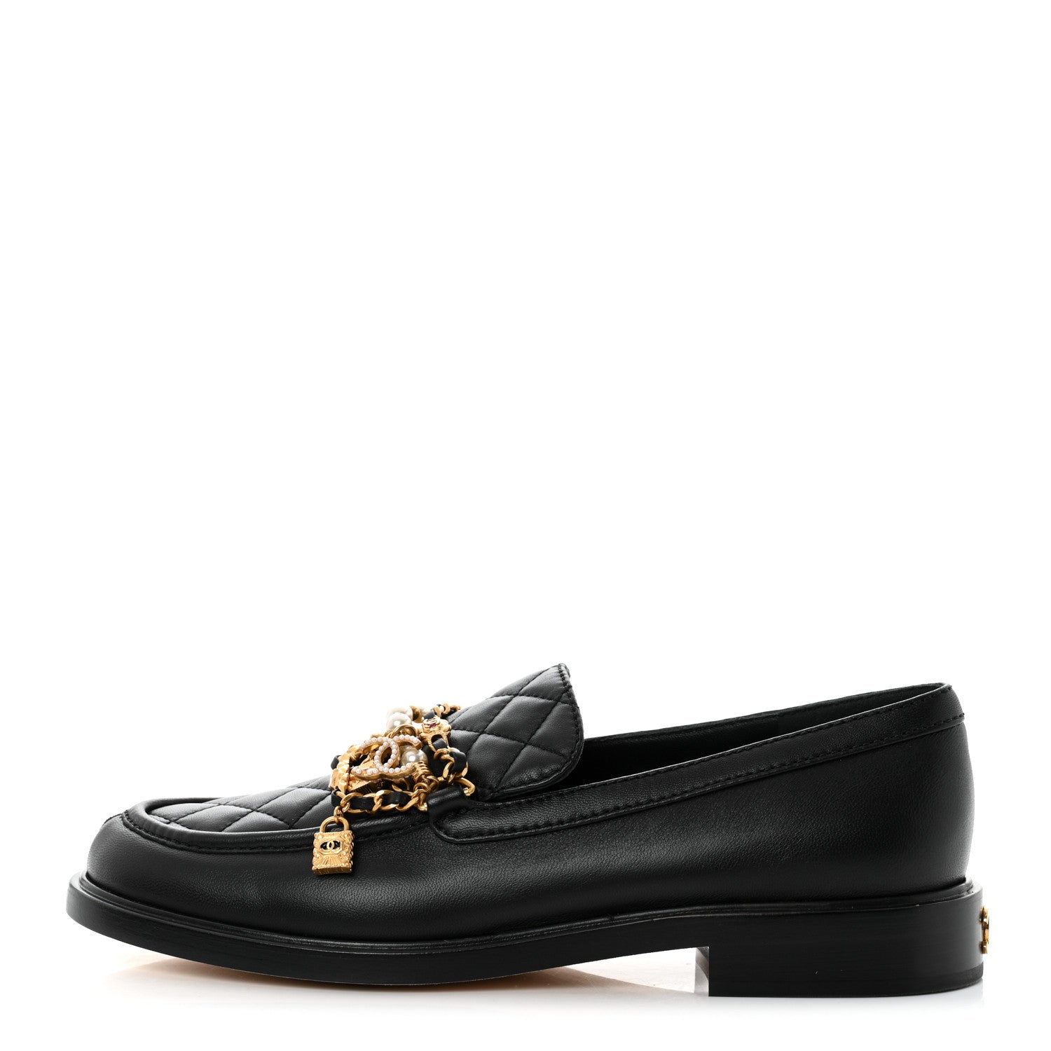 Chanel Lambskin Pearl Crystal Quilted CC Logo Jewelry Loafers 39.5 Black 1 of 9