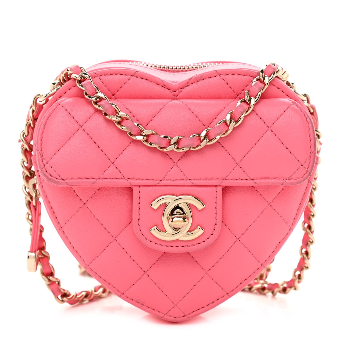 Lambskin Quilted CC In Love Heart Clutch With Chain Pink