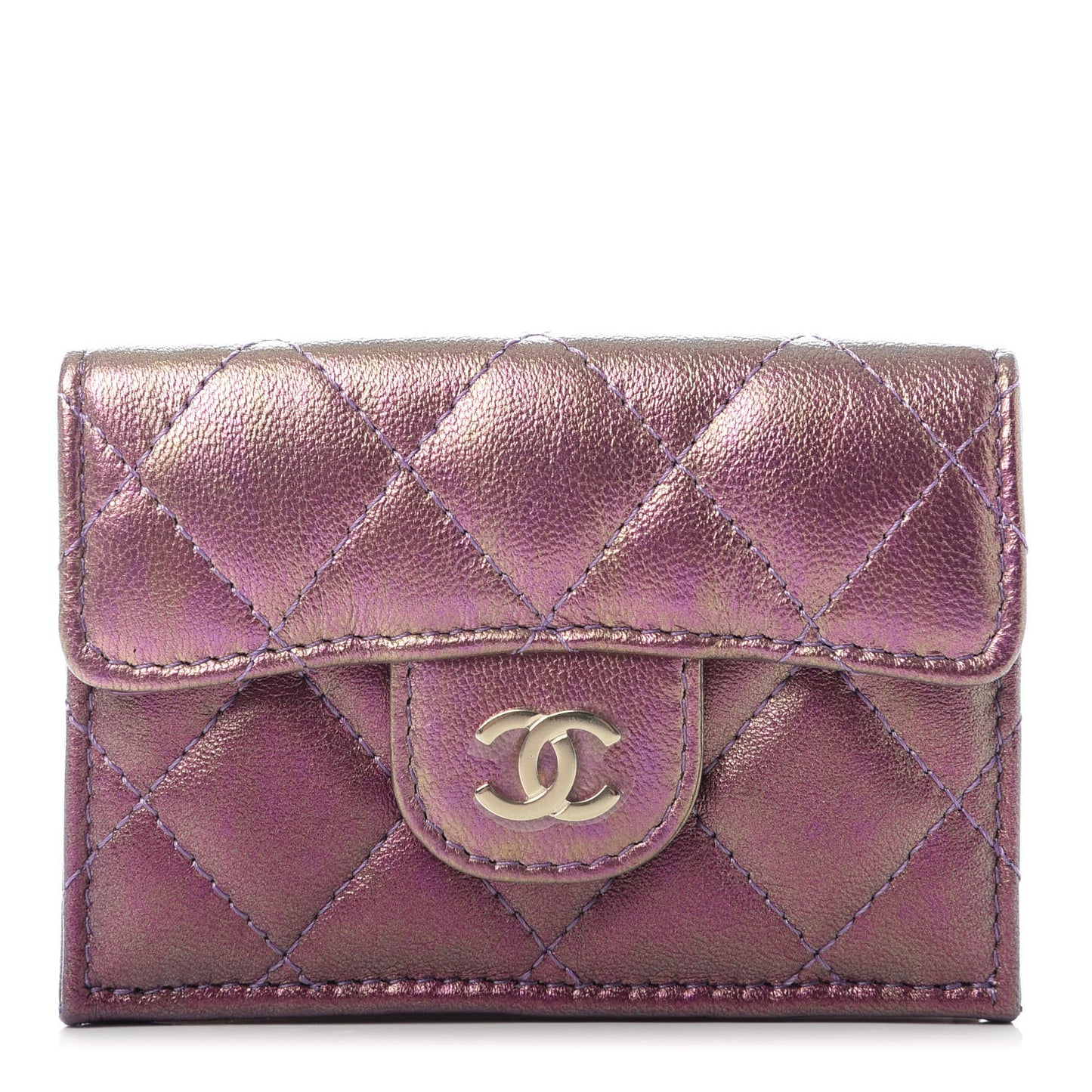 Iridescent Lambskin Small Quilted Flap Wallet Purple