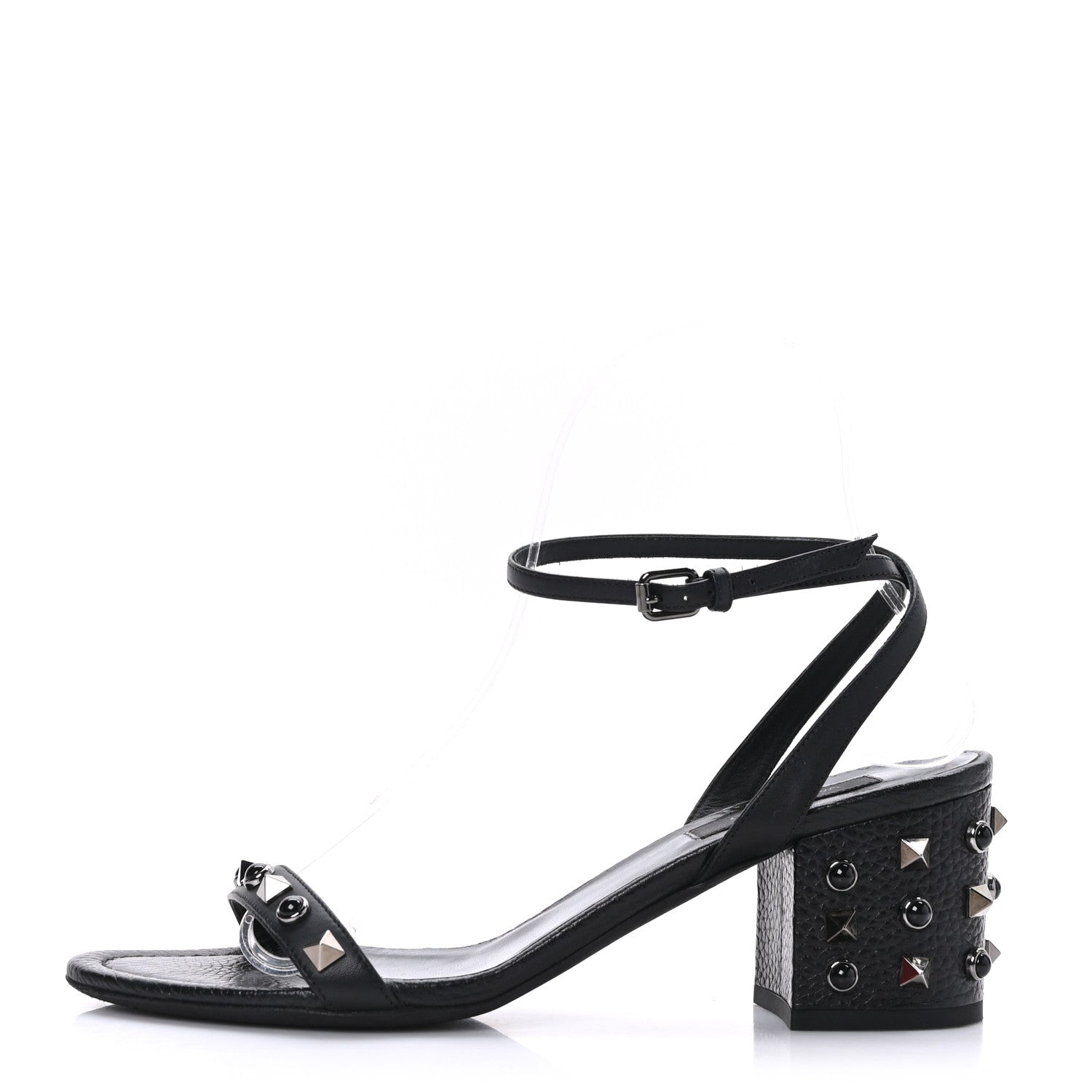 Valentino Garavani Pebbled Calfskin Onyx Rockstud Rolling 60mm City Sandals 37 Black 1 of 7