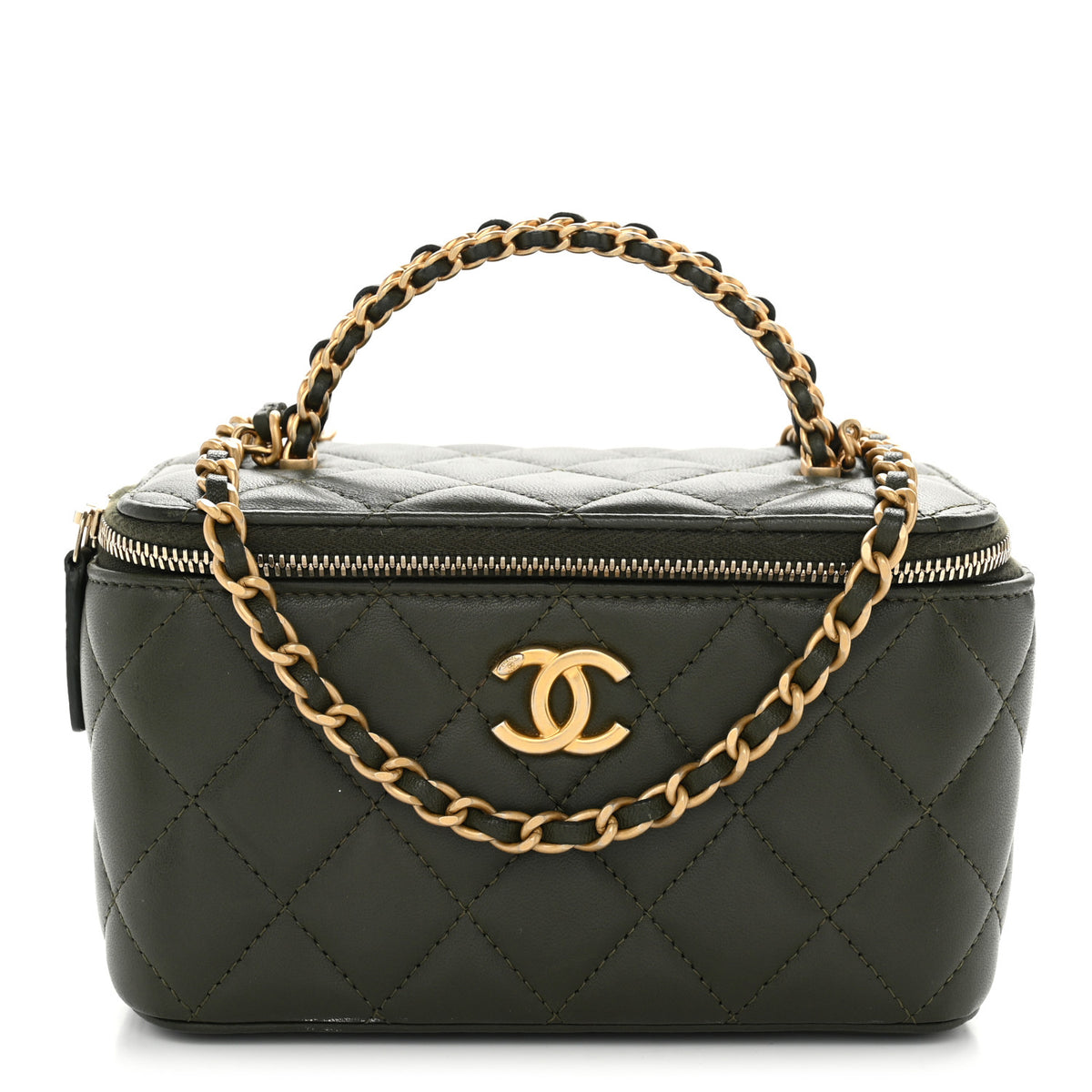 Lambskin Quilted Metal Small Top Handle Vanity Case With Chain Dark Khaki