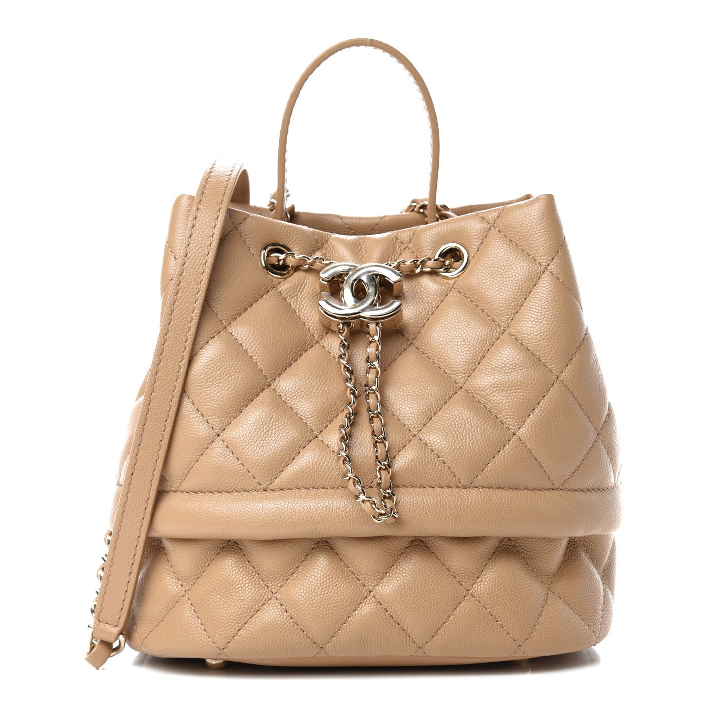 Caviar Quilted Rolled Up Bucket Drawstring Bag Beige