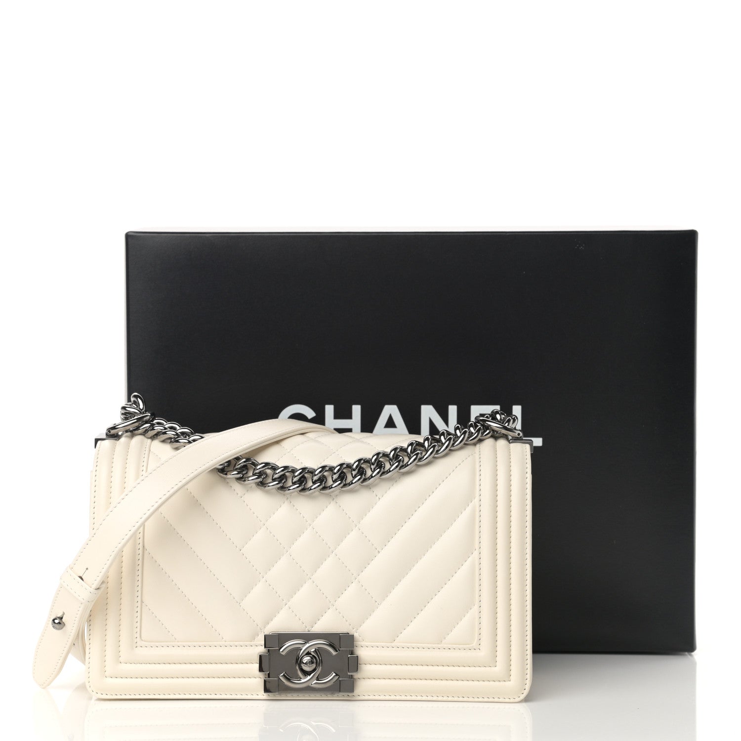 Chanel Lambskin Quilted Chevron Medium Boy Flap White 16 of 16