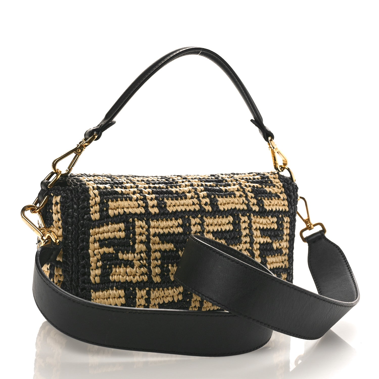 Fendi Raffia Vitello Grace FF Crochet Baguette Natural Black 3 of 8