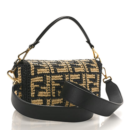 Fendi Raffia Vitello Grace FF Crochet Baguette Natural Black 3 of 8