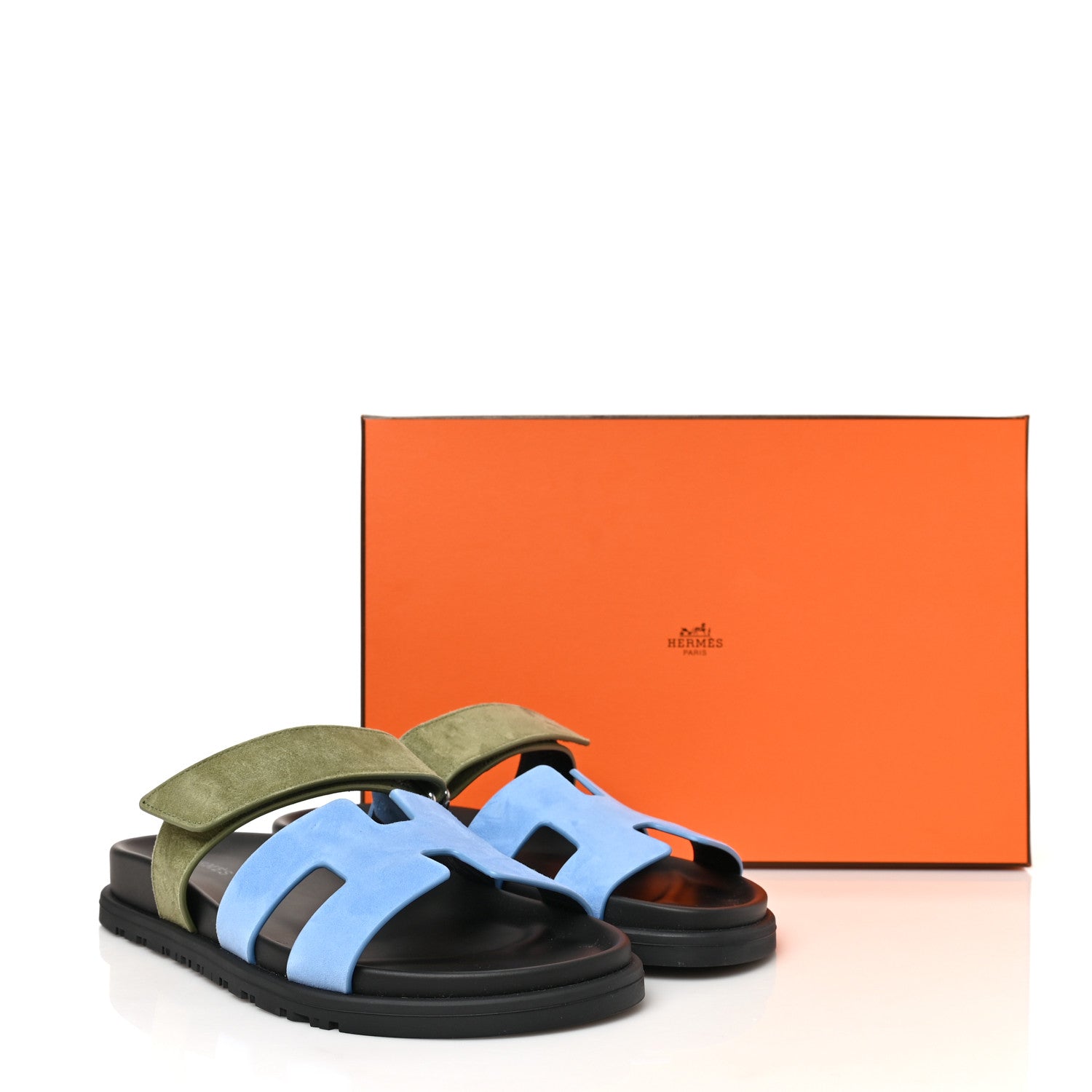 Hermes Suede Goatskin Womens Chypre Sandals 37 Bleu Cameo Vert 10 of 10