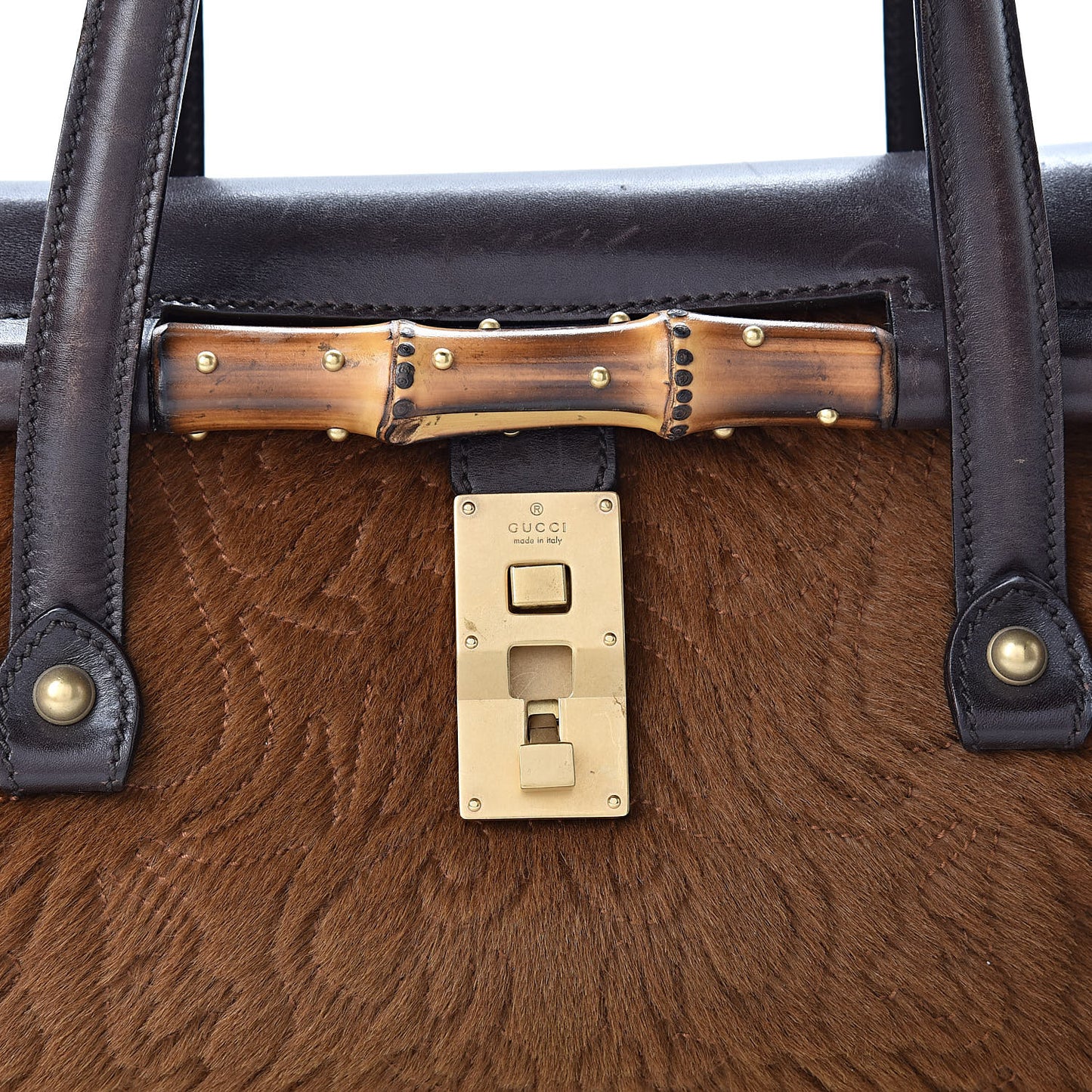 Calf Hair Calfskin Bamboo Bullet Satchel Brown