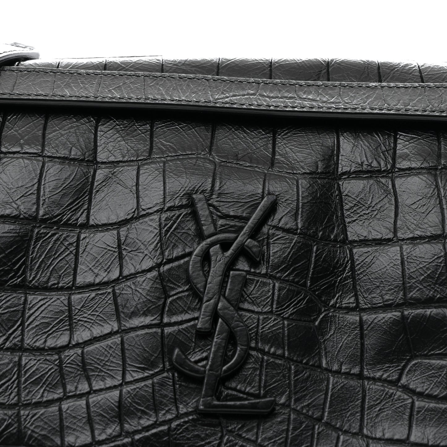 Crocodile Embossed Lambskin Monogram Medium Niki Chain Satchel Black
