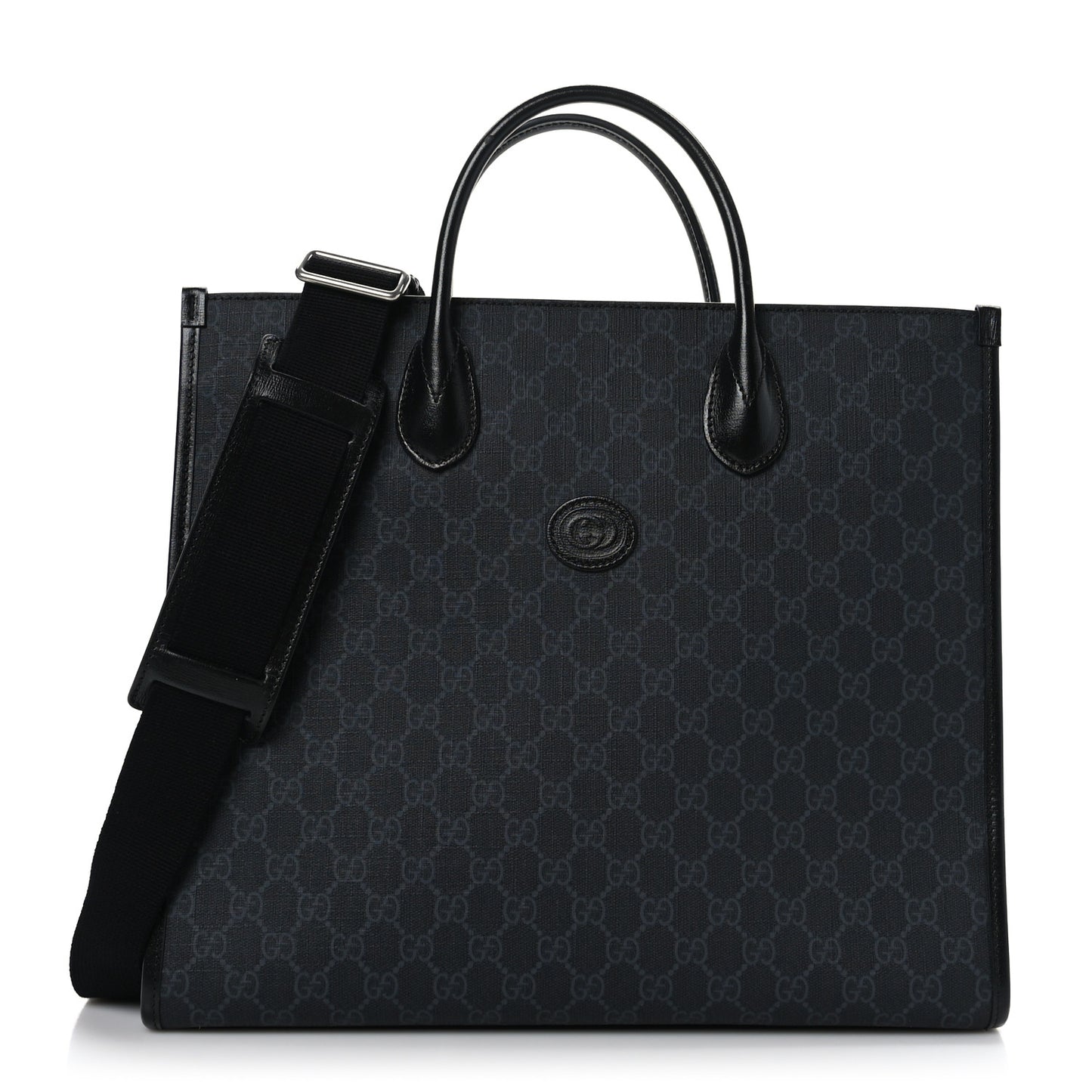 GG Supreme Monogram Azalea Calfskin Web Medium Retro Interlocking G Tote Bag Black