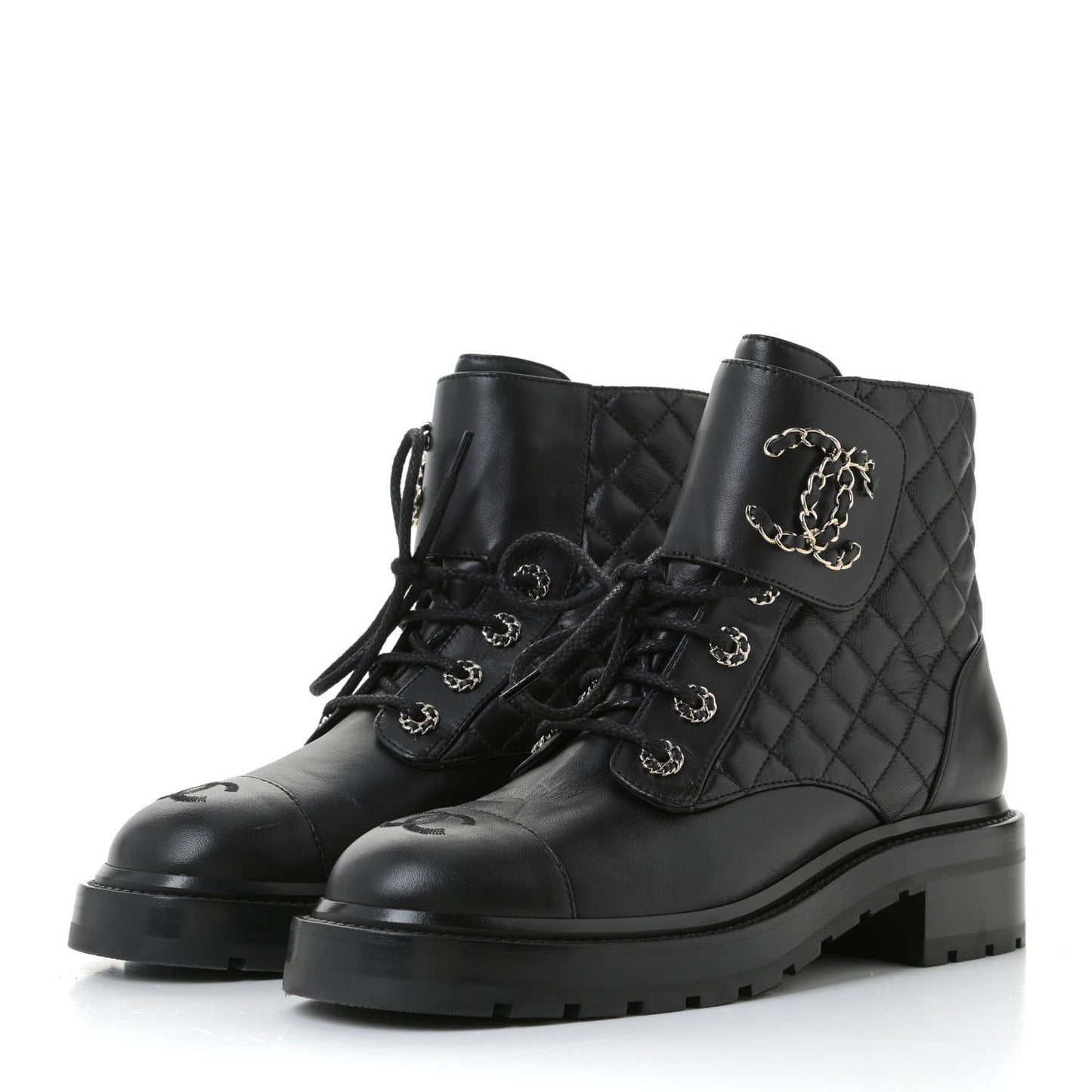 Shiny Lambskin Quilted Lace Up Combat Boots 38.5 Black