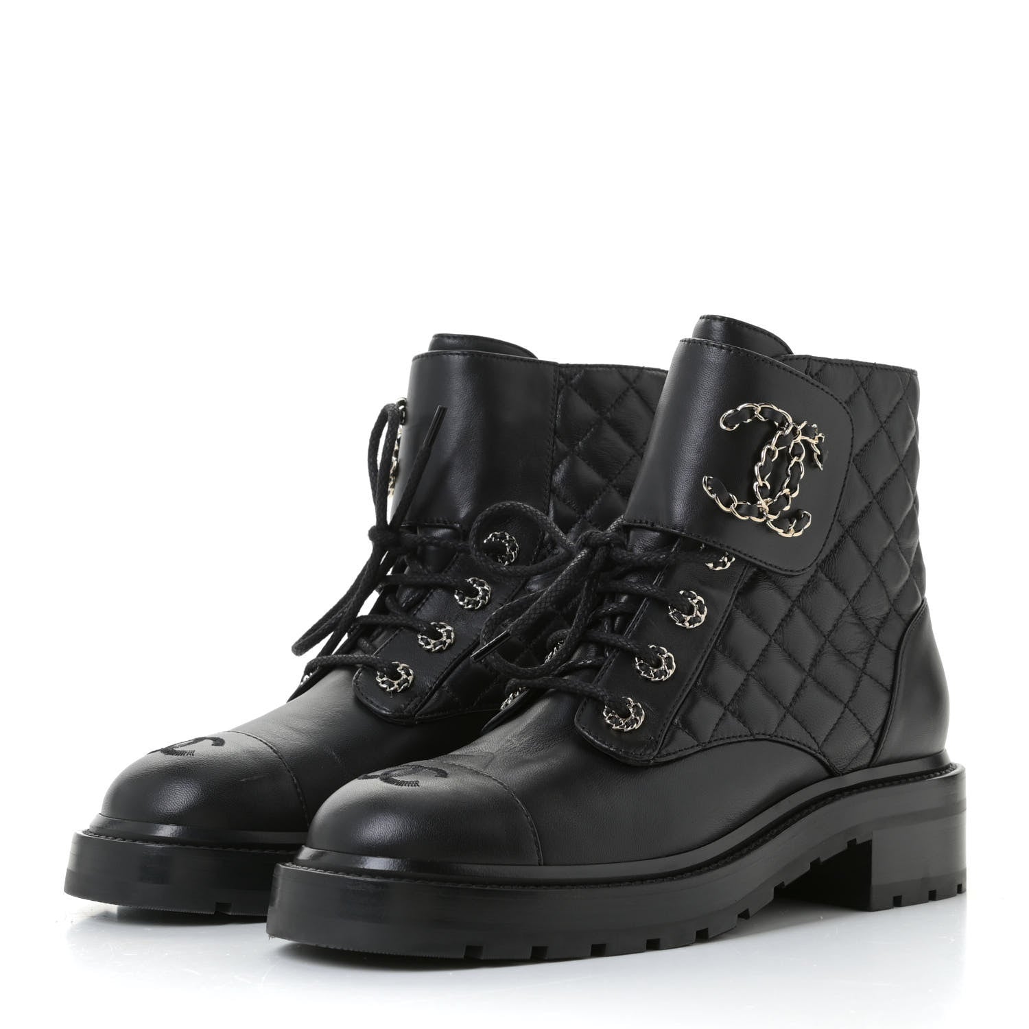 Chanel Shiny Lambskin Quilted Lace Up Combat Boots 38.5 Black 3 of 11