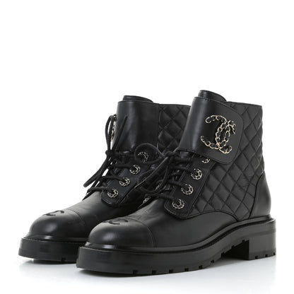 Chanel Shiny Lambskin Quilted Lace Up Combat Boots 38.5 Black 3 of 11