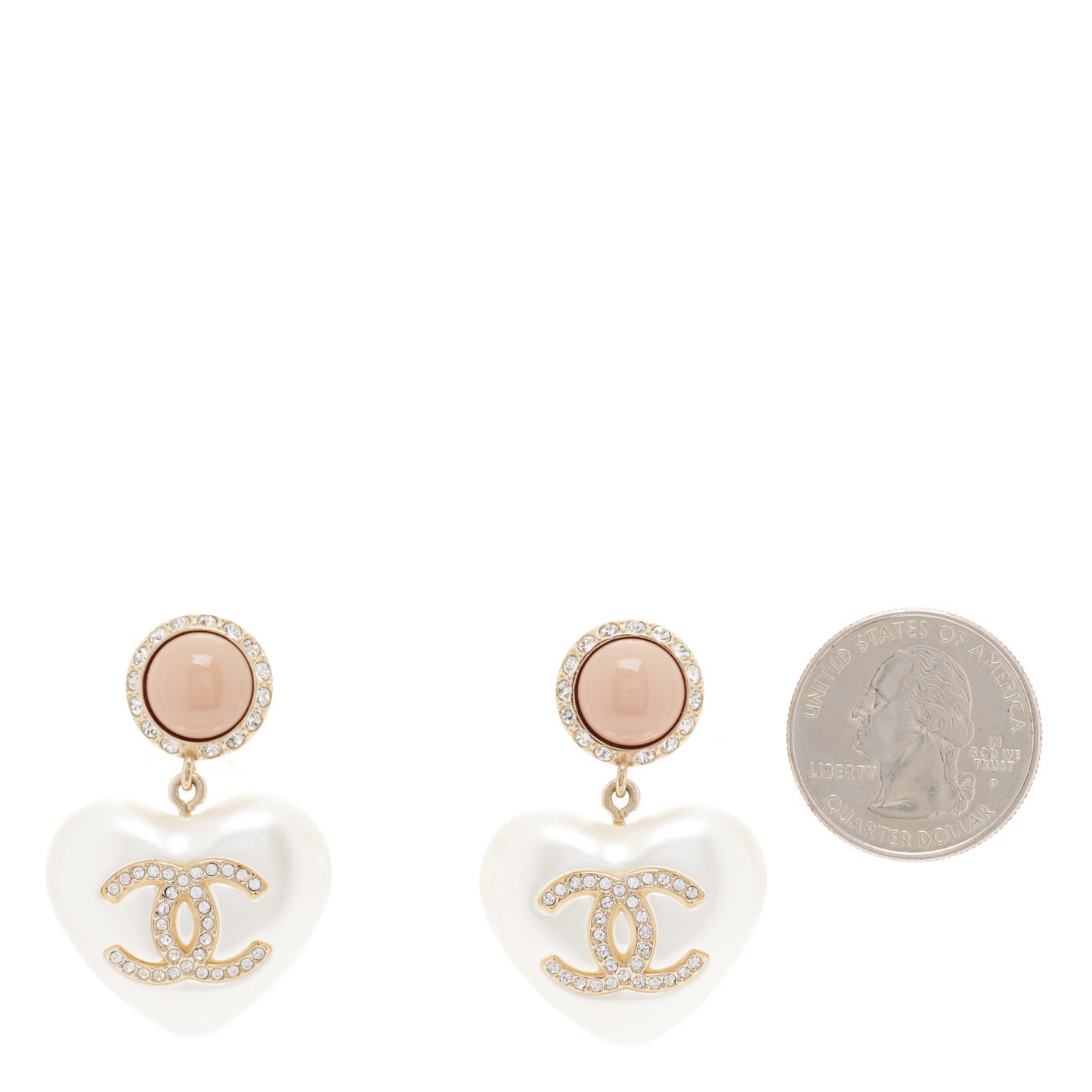 Pearl Resin Crystal CC Heart Drop Earrings Pink Gold