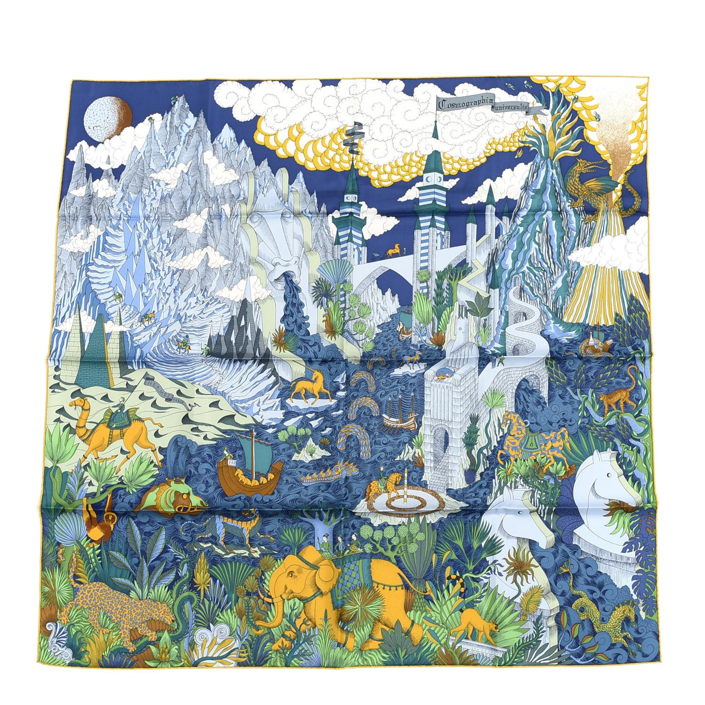 Silk Cosmographia Universalis Scarf 90 Bleu Nuit Vert Miel