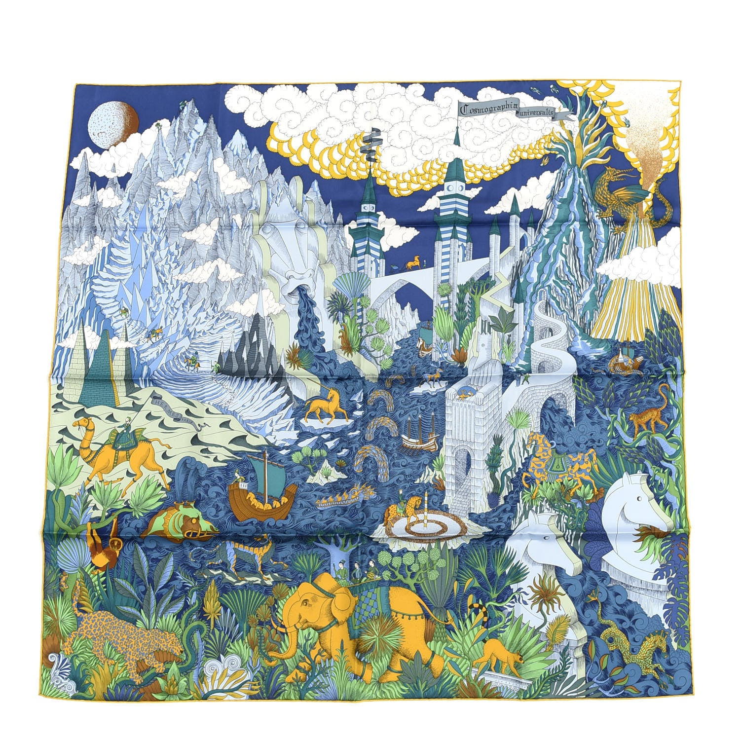 Hermes Silk Cosmographia Universalis Scarf 90 Bleu Nuit Vert Miel 1 of 4