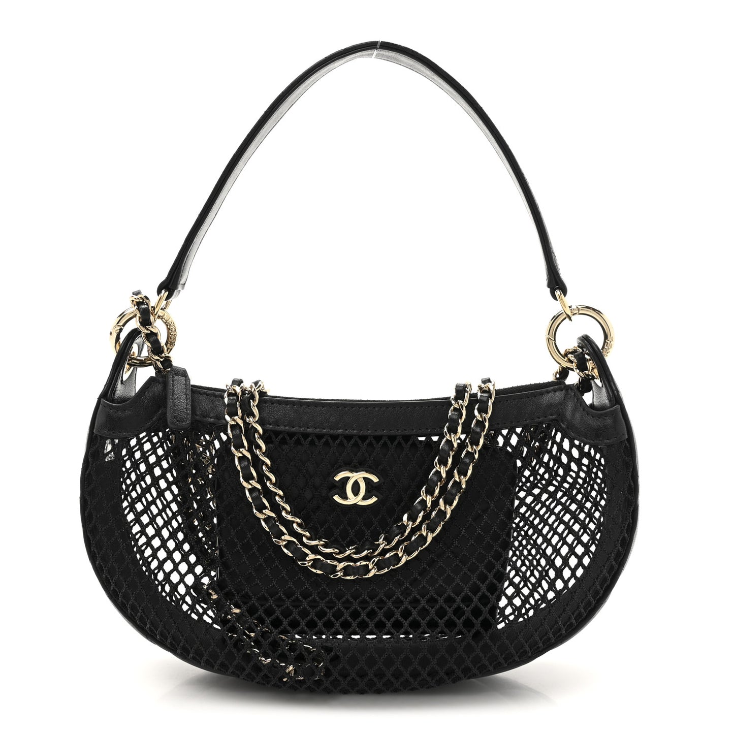 Mesh Shiny Lambskin Chain Hobo Black