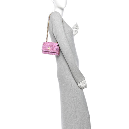 Chanel Tweed Enamel Quilted Pending CC Mini Wallet On Chain WOC Pink Purple 2 of 10