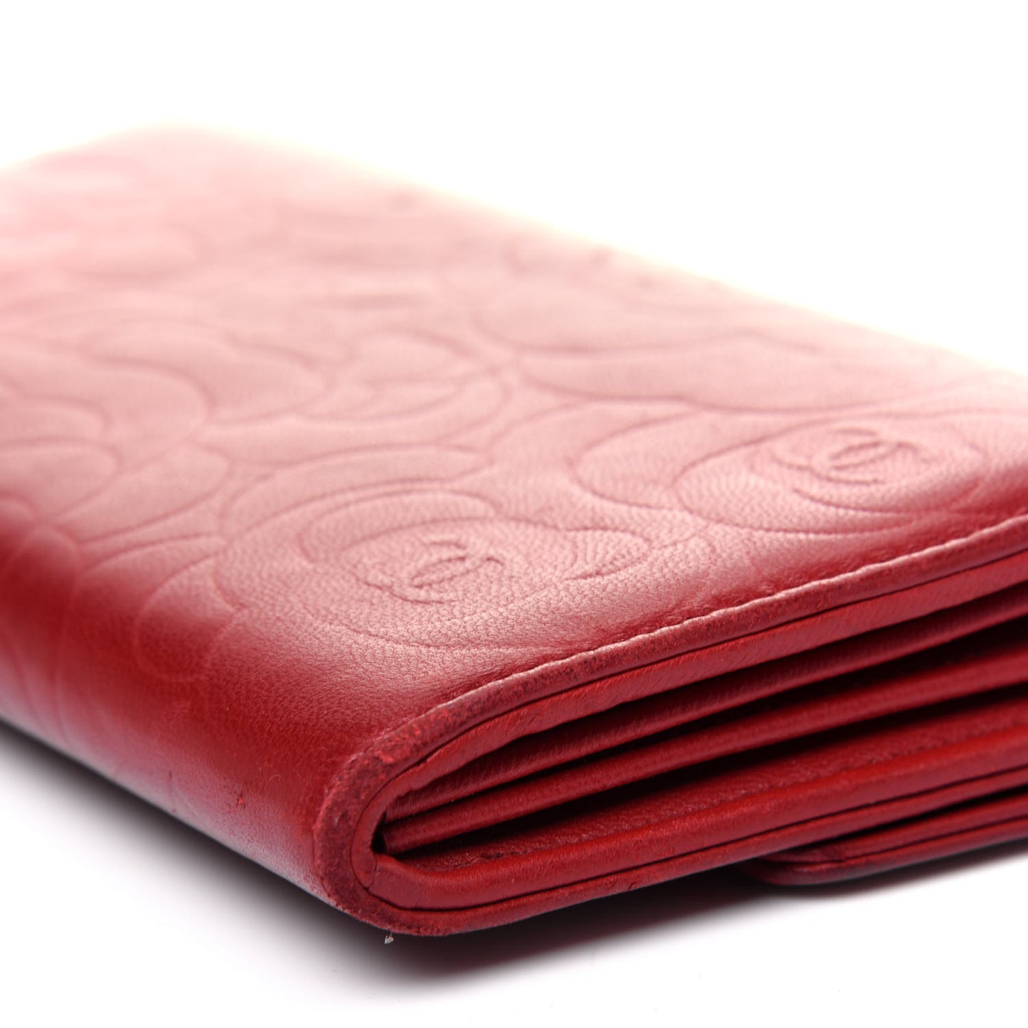 Lambskin Camellia Embossed Flap Wallet Red