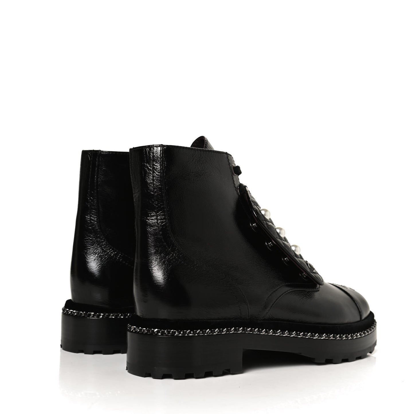 Crackled Calfskin Velvet Pearl Combat Short Boots 39.5 Black