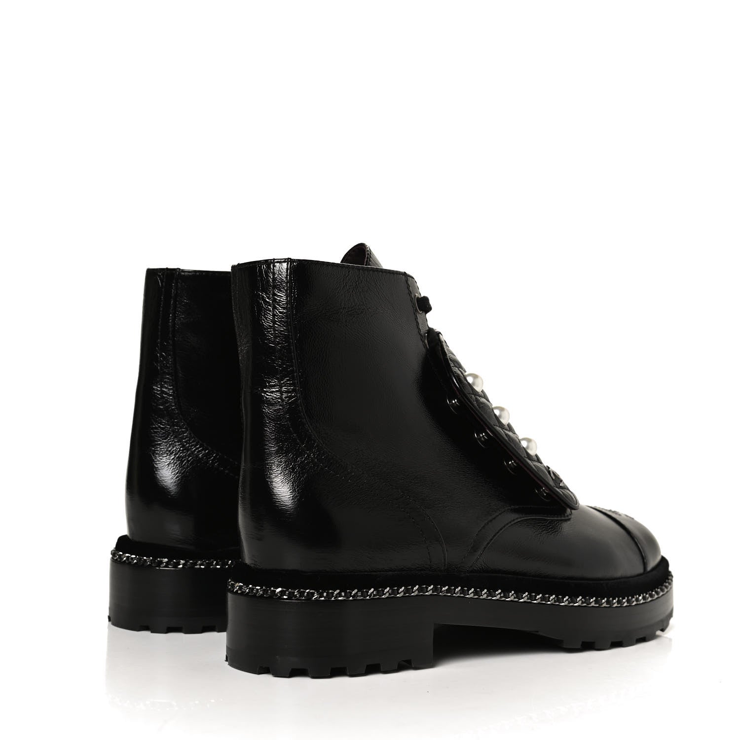 Chanel Crackled Calfskin Velvet Pearl Combat Short Boots 39.5 Black 4 of 11